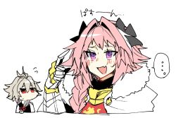  ... 2boys astolfo_(fate) black_bow blush bow braid cape chibi fang fate/apocrypha fate_(series) fur-trimmed_cape fur_trim gauntlets gorget grey_hair hair_bow hair_intakes haoro holding holding_scissors long_hair male_focus multicolored_hair multiple_boys no_mouth open_mouth pink_hair red_eyes scissors sieg_(fate) single_braid sketch skin_fang smile solo spoken_ellipsis streaked_hair trap two-tone_hair violet_eyes white_background white_cape white_hair 