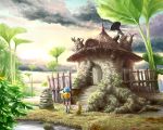 backpack cb cloud clouds dog fence hat house landscape plants scenery shorts sky tree trees umbrella water 