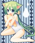  barefoot blue_eyes cat_ears extra_ears fang flower green_hair hair_flower hair_ornament kickboard long_hair one-piece_swimsuit original pointy_ears sazaki_ichiri school_swimsuit sitting sweatdrop swimsuit tail tears white_school_swimsuit 