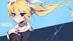  1girl arimura_hinae blonde_hair blue_background blue_eyes blue_sky blush bow breasts chaos;child closed_mouth clouds day dress_vest fingernails floating_hair hair_between_eyes hair_bow hair_ornament hair_ribbon happy_tears hekiho_academy hekiho_academy_school_uniform highres holding jacket long_hair long_sleeves looking_at_viewer open_mouth outdoors ribbon sailor_collar sakurayume_kome school_emblem school_uniform science_adventure shirt sidelocks sky smile solo tearing_up tears twintails upper_body white_hood white_ribbon white_sailor_collar 