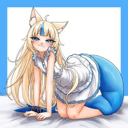  1girl :3 absurdres adapted_costume ahoge all_fours alternate_hairstyle animal_ear_fluff animal_ears arched_back bare_arms bare_legs bed_sheet black_scrunchie blonde_hair blue_border blue_eyes blue_streaks blue_tail border buttons cat_ears closed_mouth commentary dot_nose dress english_commentary fang fins fish_girl fish_tail frilled_dress frills full_body hair_down hair_flaps highres indie_virtual_youtuber large_tail layered_dress lifted_by_tail light_blush long_hair looking_at_viewer making-of_available multicolored_hair on_bed sameko_saba scrunchie short_dress simple_background sleeveless sleeveless_dress smile solo streaked_hair striped_clothes striped_scrunchie superfann tail very_long_hair virtual_youtuber white_background white_dress white_streaks wrist_scrunchie 