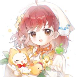  1girl ahoge animal apple apron artist_name baonu_de_zhanshen_caibutou basket bird bow brooch brown_eyes cat chicken chinese_commentary clothed_animal commentary_request country_lolita creature creature_on_shoulder crossed_bangs dot_nose dress egg eyelashes floral_print flower flower_brooch food food-themed_creature frilled_sleeves frills fruit green_apple hair_flower hair_intakes hair_ornament happy headscarf highres holding holding_basket infinity_nikki jewelry junimo layered_sleeves leaf light_blush light_particles lolita_fashion long_sleeves medium_hair momo_(nikki) nikki_(series) on_shoulder open_mouth orange_apron orange_bow orange_scarf print_headwear print_scarf red_hair ribbon-trimmed_headwear ribbon_trim scarf short_over_long_sleeves short_sleeves shoulder_bow smile solo stardew_valley stardew_valley_encounter_(infinity_nikki) upper_body white_background white_cat white_dress white_headscarf yellow_flower 
