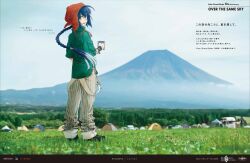  1other ahoge androgynous black_hair braid braided_ponytail brown_eyes cup fate/grand_order fate_(series) full_body green_shirt grey_overalls hat highres long_hair long_sleeves looking_at_viewer looking_back mountain mug official_art open_mouth orange_hat overalls shirt sidelocks smile solo tent wataru_rei yamato_takeru_(fate) 