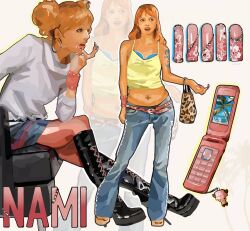  1girl animal_print arm_tattoo bag bell-bottoms belt blue_bra blue_skirt boots bra bra_peek bracelet brown_eyes cellphone cellphone_charm character_charm character_name charm_(object) coach collage collage_background denim double_bun earrings elbow_on_knee eyeliner fashion fingernails flip_phone freckles gem-studded_nails hair_bun hand_on_own_chin handbag high_heel_boots high_heels highres hoop_earrings jeans jewelry knee_boots lace lace_bra leopard_print long_fingernails looking_to_the_side lowleg lowleg_pants makeup multiple_views nail_art nail_ornament nami_(one_piece) navel_piercing one_piece open_mouth orange_hair outline pants pantyhose phone piercing platform_boots platform_heels platform_sandals polka_dot rabu99 red_belt red_pantyhose sandals sitting skirt standing studded_belt sweater swept_bangs tank_top tattoo tony_tony_chopper turtleneck turtleneck_sweater underwear white_background white_eyeliner white_outline white_sweater y2k_fashion yellow_outline yellow_tank_top zoom_layer 