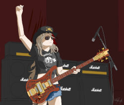  1girl bass_guitar black_shirt brown_hair curly_hair denim girls_frontline hair_between_eyes highres holding holding_bass_guitar holding_instrument instrument jacket jeans jewelry m1887_(girls&#039;_frontline) microphone open_mouth pants shirt solo standing sunglasses user_aspx2727 