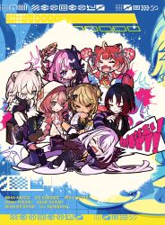  6+girls ahoge akami_karubi amaki_pururu amayui_moka animal_ears animal_hands apron arms_up ascot asymmetrical_legwear bag bandaid bandaid_on_cheek bandaid_on_face bandaid_on_nose black_dress black_hair black_horns black_jacket black_pants black_shirt black_shoes blonde_hair blush bow bowtie braid brown_hair cat_ears cat_girl cat_tail character_name cleavage_cutout closed_eyes closed_mouth clothing_cutout coat collar crazy_raccoon dark-skinned_female dark_skin deformed demon_horns double-parted_bangs dress dripping_eye fang fur-trimmed_jacket fur_trim gloves gradient_hair grey_eyes grey_hair hair_between_eyes hair_bow hair_ornament hair_ribbon halo hand_to_own_mouth head_rest heterochromia highres hololive hood hood_up hooded_dress horns hugging_own_legs indian_style iris_black_games jacket jewelry kaminari_qpi kaminari_qpi_(4th_costume) kisaragi_ren_(vtuber) la+_darknesss la+_darknesss_(1st_costume) lion_ears lion_girl long_hair long_sleeves lying metal_collar multicolored_hair multiple_girls necktie off_shoulder on_back one_eye_closed open_mouth orange_eyes orange_necktie pants parted_bangs paw_gloves pink_bow pink_hair pointy_ears pokimari purple_coat purple_hair purple_horns purple_shoes purple_thighhighs red_bow red_bowtie red_dress red_eyes red_hair reject_(esports) ribbon ring shirt shishiro_botan shishiro_botan_(1st_costume) shoes short_hair short_necktie short_sleeves shoulder_bag sidelocks single_leg_pantyhose sitting skin_fang sleeves_past_fingers sleeves_past_wrists sparkle speech_bubble split-color_hair streaked_hair striped_horns swept_bangs tail thigh-highs twin_braids twintails two-tone_hair two_side_up v-shaped_eyebrows very_long_hair violet_eyes virtual_youtuber vspo! white_apron white_ascot white_dress white_sleeves wooden_box x_hair_ornament 