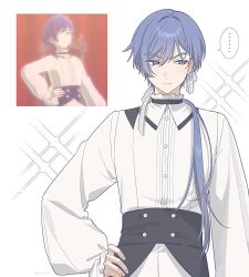  ... 1boy akii_0915 arm_at_side averting_eyes bloom_festival_(project_sekai) blue_eyes blue_hair buttons closed_mouth commentary_request facing_viewer hand_on_own_hip kaito kaito_(vocaloid) long_hair long_sleeves low_ponytail male_focus official_alternate_costume official_alternate_hair_length official_alternate_hairstyle photo-referenced ponytail project_sekai simple_background solo spoken_ellipsis vocaloid white_background 