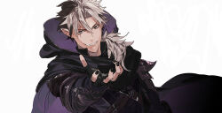  1boy armor beckoning black_armor black_cloak black_gloves black_hair black_nails black_shirt cloak crimzon_ruze curtained_hair dutch_angle earrings fingerless_gloves gloves grey_hair grin hair_over_shoulder highres holostars holostars_english hood hooded_cloak jewelry long_hair looking_at_viewer male_focus multicolored_hair nail_polish official_alternate_costume open_hand pako_(pakosun) parted_bangs pauldrons pointy_ears purple_cloak shirt shoulder_armor simple_background single_earring smile solo two-sided_cloak two-sided_fabric two-tone_hair upper_body v-shaped_eyebrows violet_eyes virtual_youtuber white_background 