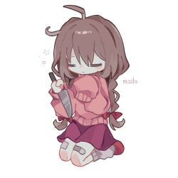  1girl ahoge bandaid bandaid_on_knee bandaid_on_leg bow braid brown_hair closed_eyes closed_mouth deformed full_body grey_leg_warmers hair_bow highres holding holding_knife kneeling knife leg_warmers long_hair long_sleeves low_twin_braids madotsuki marie_brag77854 pink_skirt pink_sweater red_bow red_shoes shoes sidelocks simple_background skirt sleepy solo sweater twin_braids white_background yume_nikki 