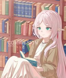  1girl book bookshelf cardigan christianity closed_mouth commentary commission dress earrings elf english_commentary english_text frieren green_eyes grey_hair highres holding holding_book jewelry knees_up library long_hair looking_at_viewer necklace official_alternate_costume official_alternate_hairstyle on_floor open_book parted_bangs pointy_ears reading shkz9 sitting smile solo sousou_no_frieren teardrop_earrings twitter_username watermark white_dress white_hair 