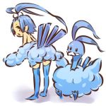  1girl altaria antenna_hair back bird birds blue blue_hair blush_stickers costume hitec looking_back moemon personification pokemon pokemon_(creature) pokemon_(game) pokemon_rse tail thighhighs topless 