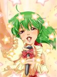  ahoge blush bow face foreshortening green_hair holding macross macross_frontier microphone musical_note naruse notes open_mouth ranka_lee red_eyes short_hair solo star stars 