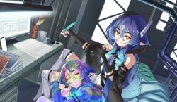  2girls absurdres bare_shoulders black_gloves black_hood black_sleeves blue_hair closed_eyes drill_hair feathers fingerless_gloves genshin_impact gloves hair_between_eyes highres holding holding_feather hood kyouyasai4423 layla_(genshin_impact) long_hair monitor multiple_girls pointy_ears sidelocks thigh-highs very_long_hair white_thighhighs yellow_eyes 