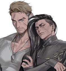 2boys aged_up black_hair blonde_hair blue_eyes chinese_clothes closed_mouth collarbone commentary crew_neck dog_tags earrings forked_eyebrows grey_hair grey_shirt hashtag-only_commentary highres jamie_siu jewelry long_hair long_sleeves looking_at_viewer luke_sullivan male_focus mandarin_collar mature_male multicolored_hair multiple_boys nonnon9977 ring scar scar_on_cheek scar_on_face shirt short_hair simple_background streaked_hair street_fighter street_fighter_6 stud_earrings undercut upper_body very_long_hair white_background 
