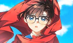  1boy blue_eyes blue_jacket blue_sky bow bowtie brown_hair close-up clouds commentary edogawa_conan glasses hair_between_eyes highres jacket male_focus meitantei_conan open_mouth outdoors red_bow red_bowtie shiroi0310 short_hair sky solo symbol-only_commentary 
