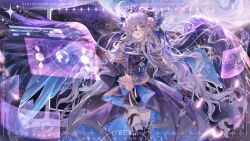  1girl copyright_request earrings eyepatch flower highres holographic_interface holographic_monitor holographic_touchscreen jewelry lao_ren_qiu long_hair medal military_uniform planet science_fiction single_earring skirt space wings 