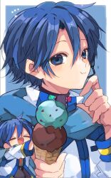  2boys :d blue_background blue_eyes blue_hair blue_scarf border chibi closed_eyes closed_mouth coat commentary double-parted_bangs dual_persona food hair_between_eyes holding holding_food holding_ice_cream ice_cream kaho_0102 kaito kaito_(vocaloid) kaito_(vocaloid3) long_sleeves looking_at_viewer male_focus mini_person miniboy multiple_boys open_mouth outside_border portrait scarf short_hair simple_background smile vocaloid white_border white_coat 