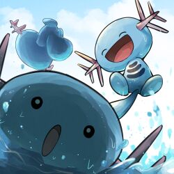  absurdres blue_skin closed_eyes colored_skin day highres looking_at_viewer no_humans open_mouth outdoors pokemon pokemon_(creature) spicyichizo splashing water wooper 