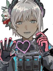  1girl :d arknights black_gloves black_jacket chinese_commentary commentary_request dark-skinned_female dark_skin gloves grey_eyes grey_hair heart highres holding holding_marker jacket kriiiiiii1304 light_blush long_sleeves looking_at_viewer lower_teeth_only marker open_mouth pink_gloves raidian_(arknights) short_hair simple_background smile solo teeth unusually_open_eyes upper_body white_background 