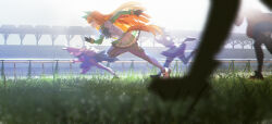  5girls animal_ears backlighting black_gloves blunt_bangs blurry blurry_foreground character_request commentary dmfsxq ear_covers from_side full_body gloves grass green_eyes hairband highres horse_ears horse_girl horse_racing_track horse_tail long_hair long_sleeves motion_blur multiple_girls orange_hair pantyhose pleated_skirt profile running silence_suzuka_(innocent_silence)_(umamusume) silence_suzuka_(umamusume) skirt sleeve_cuffs tail umamusume white_skirt 
