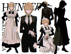 1boy absurdres androgynous apron black_dress black_jacket black_necktie black_pants blonde_hair blood blood_on_clothes blood_on_hands chain character_name closed_mouth collared_shirt copyright_name crossdressing crossdressing_(mtf) dress expressionless frilled_apron frills highres holding holding_tray hunter_x_hunter jacket juliet_sleeves kurapika lapels long_sleeves looking_at_viewer maid maid_apron maid_headdress male_maid multiple_views necktie pants puffy_sleeves red_eyes shirt short_hair shouka_(ly880217) simple_background suit trap tray white_apron white_background wing_collar 