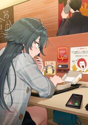  1boy 1girl absurdres antenna_hair ayuppe bag black_skirt blue_bag blush cellphone chicken_nuggets coat commentary_request cup disposable_cup eating electrical_outlet fast_food food food_in_mouth gakuen_idolmaster green_eyes green_hair grey_coat hair_between_eyes hair_flaps handbag highres idolmaster indoors jacket long_hair mcdonald&#039;s phone plaid_clothes plaid_jacket qr_code ronald_mcdonald sidelocks sign sitting skirt sleeves_rolled_up smartphone solo_focus sweat table translation_request tsukimura_temari watermark 