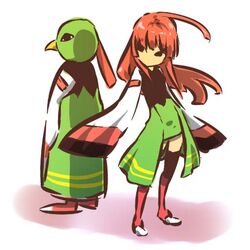  1girl ahoge back-to-back costume hitec long_hair moemon personification pokemon pokemon_(creature) pokemon_(game) pokemon_gsc red_hair redhead sleeves_past_wrists thighhighs xatu zettai_ryouiki 