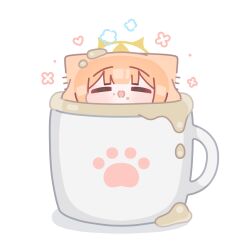  1girl animal_ears blue_archive blunt_bangs blush chibi closed_eyes commentary cup english_commentary food food_on_face halo highres horuhara mari_(blue_archive) mini_person minigirl open_mouth orange_hair paw_print smile solo yellow_halo 
