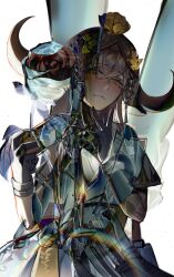  1girl arknights black_gloves closed_mouth commentary flower gloves green_eyes hair_between_eyes highres horns kikan_(kikanoe) long_hair looking_at_viewer pallas_(arknights) simple_background solo upper_body white_background yellow_flower 