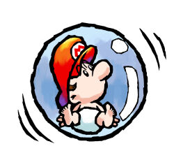  1boy baby baby_mario blush brown_hair bubble diaper hat highres mario motion_lines nakagawa_yasuhisa official_art red_hat short_hair simple_background sitting solo super_mario_bros. white_background yoshi's_island_ds 