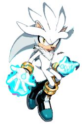  1boy animal_nose body_fur boots bracelet furry furry_male gold_bracelet grey_fur hedgehog_boy jewelry looking_at_viewer neck_fur pixel_art scatterbralns short_tail signature silver_the_hedgehog solo sonic_(series) sonic_the_hedgehog_(2006) tail white_background yellow_eyes 