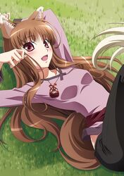  brown_hair holo izumi_mahiru long_hair lying red_eyes spice_and_wolf tail wolf_ears 