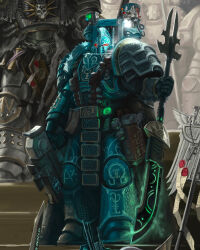  5boys alpha_legion alpha_symbol alternate_universe armor blue_armor death_guard grey_armor highres holding holding_polearm holding_weapon kim_chan luna_wolves male_focus multiple_boys pelvic_curtain polearm warhammer_40k weapon 