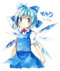  1girl ahoge blue_bow blue_dress blue_eyes blue_hair blush bow character_name cirno collared_shirt commentary_request cowboy_shot dated dress hair_bow highres ice ice_wings kibayashi_kimori looking_at_viewer multiple_hair_bows one-hour_drawing_challenge puffy_short_sleeves puffy_sleeves red_ribbon ribbon shirt short_hair short_sleeves signature simple_background solo touhou white_background white_shirt wings 