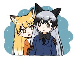  2girls :&lt; animal_ears black_hair black_necktie black_shirt blue_jacket blush bow bowtie brown_eyes brown_fur brown_gloves bseibutsu collared_shirt extra_ears ezo_red_fox_(kemono_friends) fox_ears fox_girl fur_trim gloves grey_hair hair_between_eyes hiding hiding_behind_another jacket kemono_friends long_hair long_sleeves multicolored_hair multiple_girls necktie open_mouth orange_eyes orange_hair orange_jacket shirt sidelocks silver_fox_(kemono_friends) upper_body wavy_mouth white_bow white_bowtie 