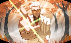  absurdres autumn coat day drzetch facing_viewer fisheye forest glint grass hair_slicked_back halftone hand_in_pocket highres light_rays mullet nature orange-tinted_eyewear outdoors pov smirk snapping_fingers tinted_eyewear to_be_hero to_be_hero_x tree white_coat white_hair x_(to_be_hero_x) 