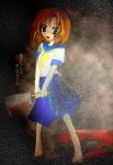  blood blue_eyes higurashi_no_naku_koro_ni orange_hair ryuuguu_rena school_uniform serafuku short_hair weapon 