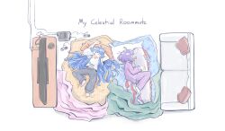  2girls alternate_costume barefoot black_pants blanket blue_hair body_pillow closed_eyes commentary contemporary controller couch english_commentary english_text game_console game_controller head_on_pillow highres hinanawi_tenshi long_hair lying multiple_girls nagae_iku nose_bubble on_back on_side oysterfried pajamas pants pillow pink_pajamas pink_pants pink_shirt purple_hair shirt sleeping striped_clothes striped_pants striped_shirt television toes touhou vertical-striped_clothes vertical-striped_pants vertical-striped_shirt very_long_hair white_shirt 