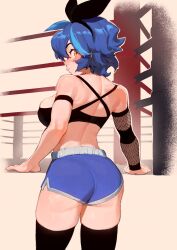  1girl ahoge black_hairband black_ribbon black_thighhighs blue_hair boxing boxing_ring boxing_shorts breasts dif_(difman) dyed_ahoge from_behind gloves hair_ribbon hairband highres kollerss large_breasts looking_back multicolored_hair original ribbon shorts solo thigh-highs yellow_eyes 