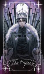  apple belt black_coat black_eyes black_hair border coat crew_neck crown elbow_rest evie_(baoxiao) expressionless feet_out_of_frame food fruit fur_coat gem highres holding holding_food holding_fruit holding_sword holding_weapon looking_at_viewer moon_behind_head omniscient_reader's_viewpoint open_clothes open_coat ornate_border planted planted_sword popped_collar roman_numeral short_hair sitting sword tarot the_emperor_(tarot) throne too_many_weapons weapon yoo_joonghyuk 