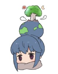   1girl blue_hair chibi crescent earth_(planet) grey_scarf hair_bun lowres moon moru_(monaka) planet scarf shima_rin simple_background solo sun tree white_background yurucamp
