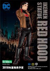  1boy ad bat_signal batman_(series) batman_symbol black_bodysuit black_gloves black_hair blue_eyes bodysuit brown_jacket copyright_name dc_comics english_text gloves jacket jason_todd kotobukiya kotobukiya_ikemen logo male_focus multicolored_hair muscular muscular_male open_clothes pants poster_(medium) propaganda red_hood_(dc) red_hood_and_the_outlaws ricken short_hair superhero_costume taut_bodysuit title two-tone_bodysuit white_hair 