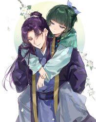  1boy 1girl beads blue_bow blunt_bangs bow branch carrying carrying_person chinese_clothes curtained_hair dress falling_petals feet_out_of_frame flower freckles green_hair green_hanfu hair_beads hair_bow hair_bun hair_ornament hair_over_shoulder hanfu head_tilt highres jinshi_(kusuriya_no_hitorigoto) kusuriya_no_hitorigoto light_blush long_hair long_sleeves maomao_(kusuriya_no_hitorigoto) medium_hair parted_lips petals piggyback purple_dress purple_hair purple_hanfu red_eyes simple_background smile standing sweat sweatdrop violet_eyes white_flower wide_sleeves yuikisezu 