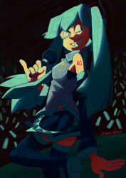  1girl aqua_hair aqua_necktie aqua_theme arched_back artist_name bangs_between_eyes bare_shoulders belt_chain black_boots black_skirt collared_shirt dark_background deadhead detached_sleeves evil_smile eyelashes feet_out_of_frame female_focus glowstick grey_shirt hair_ornament hair_past_waist happy hatsune_miku headphones heel_up highres holding holding_microphone leg_up long_hair looking_at_viewer looking_back medium_breasts microphone necktie pale_skin pointy_hair portrait sharp_teeth shoulder_tattoo skinny skirt sleeveless_shirt slit_pupils solo solo_focus stage standing_on_one_leg swept_bangs thighhigh_boots triangle_eyes triangle_mouth twintails undershirt vocaloid 