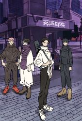  4boys black_hair black_jacket black_pants boots brick_road brown_boots choso_(jujutsu_kaisen) closed_mouth flower full_body fushiguro_megumi getou_suguru highres itadori_yuuji jacket jujutsu_kaisen jujutsu_tech_uniform male_focus multiple_boys okkotsu_yuuta pants parted_lips pink_hair purple_scarf purple_tunic red_shoes rose scarf shoes short_hair short_twintails sneakers spiky_hair takeuchi_ryousuke tunic twintails weapon weapon_case weapon_on_back white_flower white_jacket white_rose white_shoes wide_sleeves 