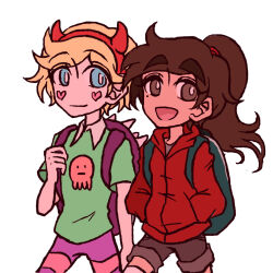 1boy 1girl 2020s 2025 alien american blonde_hair blue_eyes brown_bottomwear brown_eyes brown_hair cargo_shorts duo eyebrows_visible_through_hair femboy genderswap genderswap_(ftm) genderswap_(mtf) girly_boy green_topwear happy highres human long_hair marco_diaz mole mole_under_eye open_mouth ponytail red_overwear red_scrunchie sapiens short_hair simple_background smile star_butterfly star_vs_the_forces_of_evil straight strong_femboy_(spectrum) strong_tomboy_(spectrum) t-shirt teenagers thigh_high_socks tomboy two_tone_bottomwear walking white_background yumichen