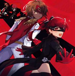  1boy 1girl :d absurdres akechi_gorou black_background black_bow black_jacket black_mask black_thighhighs bow brown_eyes brown_hair cape celexcity commentary crow_(persona_5) crow_mask derivative_work diamond_earrings domino_mask earrings english_commentary flower from_behind frown game_screenshot_inset gloves hair_between_eyes hair_bow highres jacket jewelry long_hair looking_at_viewer looking_back mask outstretched_arm pants persona persona_5 persona_5_tactica persona_5_the_royal ponytail red_background red_cape red_eyes red_gloves red_hair red_mask rose screenshot_redraw shirt short_hair single_earring smile squinting thigh-highs twitter_username two-tone_background violet_(persona_5) white_pants white_shirt yoshizawa_kasumi 