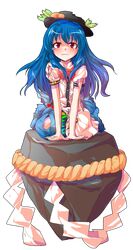 1girl blue_hair dairi food fruit hat hinanawi_tenshi long_hair looking_at_viewer peach puffy_sleeves red_eyes rope shimenawa shirt short_sleeves simple_background sitting sitting_on_rock skirt solo tears torn_clothes torn_hat torn_shirt torn_skirt touhou very_long_hair white_background