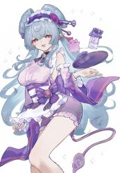  1girl bell blue_hair breasts dango_milk_(genshin_impact) detached_sleeves frilled_hairband frilled_sleeves frills genshin_impact hairband half-closed_eyes highres japanese_clothes kimono maid neck_bell nihongami obi_bow open_mouth pink_kimono pink_pupils pink_sleeves pointy_ears purple_tail sash sleeveless sleeveless_kimono smile solo suwa_(swk_kkk) tail tapir_tail tray wa_maid watermark white_sash yumemizuki_mizuki 