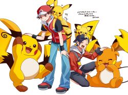  2boys backwards_hat baseball_cap black_hair black_pants blue_pants blush brown_eyes brown_hair capri_pants closed_eyes closed_mouth ethan_(pokemon) evolutionary_line fang fangs grey_bag hat highres jacket long_sleeves male_focus mega_pokemon mega_raichu_x mega_raichu_y multiple_boys multiple_tails on_shoulder open_mouth orange_fur pants pichu pikachu pokemon pokemon_(creature) pokemon_frlg pokemon_hgss pokemon_legends:_z-a pokemon_on_shoulder raichu red_(pokemon) red_hat red_jacket shirt shoes short_hair short_sleeves smile spiky_hair tail teeth upper_teeth_only very_long_ears very_long_tail x670080 yellow_bag yellow_fur 